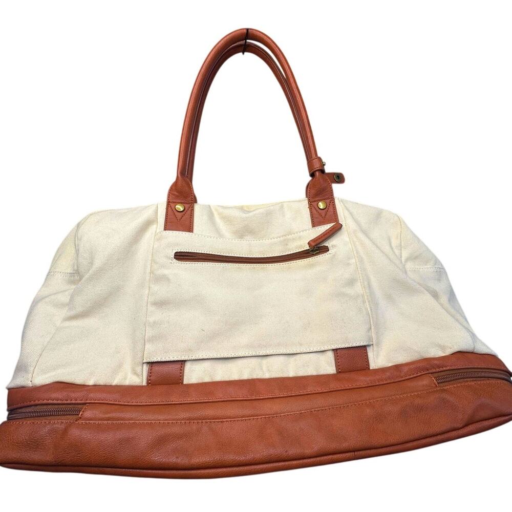 Cream Canvas Weekender Bag Faux Leather Trim Travel